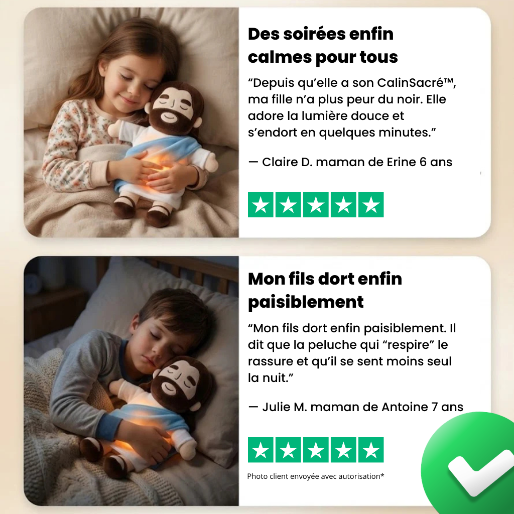 CalinSacré™ – Peluche Jésus Apaisante avec Respiration & Lumière Réconfortante